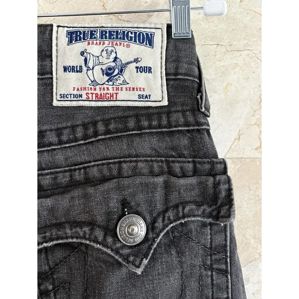 True Religion Men’s Jeans Straight — 28 Black Faded, Made In USA, World Tour